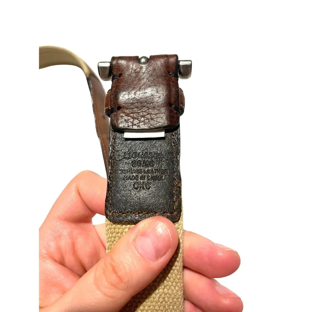 Mens Brown Leather Canvas Inlay Belt Size 36 Casual Rugged Mixed Media